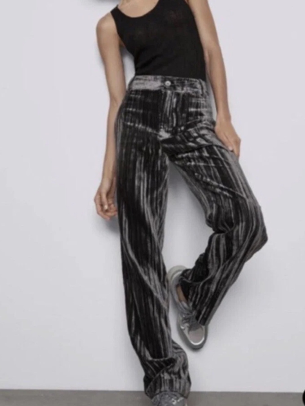 NWOT Zara Crushed Velvet Trousers High-Waist Wide-Leg Pants Size Small